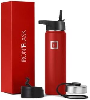 IRON °FLASK Camping & Hiking Hydration Flask, Wide Mouth, 3 Straw Lids, Stainless Steel Outdoor Water Bottle, Double Walled, Insulated Thermos, Metal Canteen - Fire Red, 22 Oz