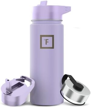 IRON °FLASK Camping & Hiking Hydration Flask, Wide Mouth, 3 Straw Lids, Stainless Steel Outdoor Water Bottle, Double Walled, Insulated Thermos, Metal Canteen - Lavender, 18 Oz