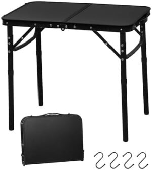 LOFTEY 2024 Reinforced Small Folding Table Portable, Small Foldable Camping Table, Heavy-Duty Mini Folding | Adjustable Height | Lightweight Premium Aluminum with Handle | Black 25.2"x16.3"x22.2"