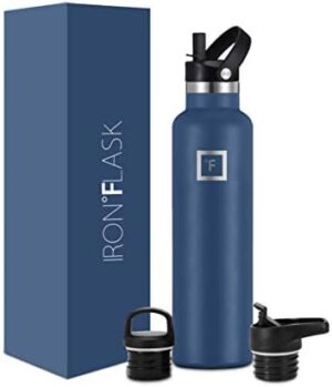 IRON °FLASK Camping & Hiking Hydration Canteens - 3 Lids (Narrow Straw Lid) Leak Proof Vacuum Insulated Stainless Steel - Hot & Cold Double Walled Sports Water Bottle - Twilight Blue, 24 Oz