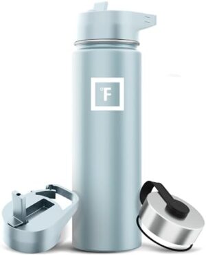 IRON °FLASK Camping & Hiking Hydration Flask, Wide Mouth, 3 Straw Lids, Stainless Steel Outdoor Water Bottle, Double Walled, Insulated Thermos, Metal Canteen - Morning Mist, 22 Oz