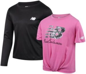 New Balance Girls Active T-Shirt - 2 Pack Performance Short Sleeve and Long Sleeve Tee - Athletic Sports Tee for Girls, 7-16