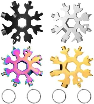 4 Pack Snowflake Multitool, 18-in-1 Stainless Steel Snowflake Multitool, Snowflake Tool Keychain, Flat Phillips Screwdriver/Wrench/Snowflake Bottle Opener, Mini Durable and Portable