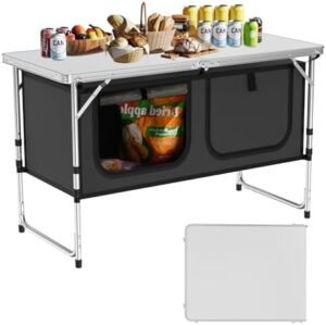 Camping Table, Folding Camping Table with Storage, Lightweight & Portable, 3 Heights Adjustable Folding Table for BBQ, Camping, Picnic and Indoor Use, Grey