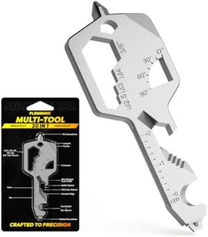 Key Shaped Pocket MultiTool 20-in1 Multi Tool, Stainless Steel Keychain Utility Gadget,Gift for Men, Women, Father,Groomsmen, Valentine's, Birthday, Christmas (Silver)