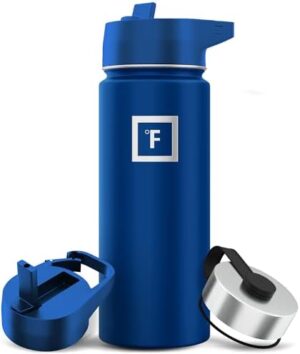 IRON °FLASK Camping & Hiking Hydration Flask, Wide Mouth, 3 Straw Lids, Stainless Steel Outdoor Water Bottle, Double Walled, Insulated Thermos, Metal Canteen - Cobalt, 18 Oz