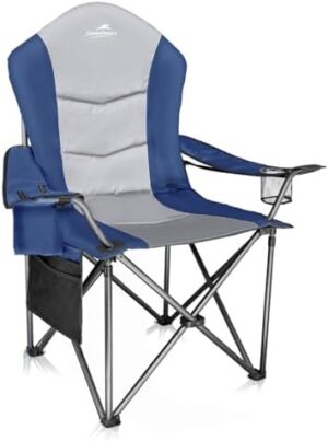 Fully Padded Camping Chair, Oversized Heavy Duty Lawn Chair with Cooler Bag,Side Pocket,Cup Holder Support 400 lbs (Blue & Grey, Single Pack)