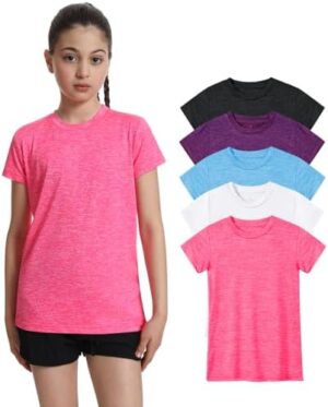 5 Pack Girls Athletic Shirts Short Sleeve Dry Fit Sports T-Shirts Crew Neck Activewear Tees Tops for Kids Teens