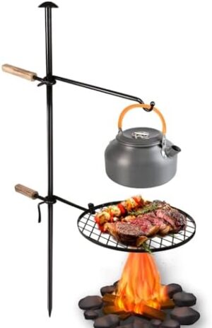 Campfire Grill Grate Fire Pit Grill Grate Open Fire Cooking Equipment for Camping Outdoor Camp Fire with Height Adjustable Swivel Grill Grate and Hanger Rod