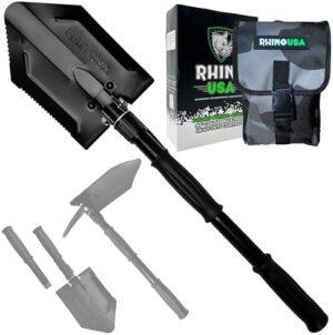 Rhino USA Survival Shovel w/Pick - Heavy Duty Carbon Steel Military Style Entrenching Tool for Off Road, Camping, Gardening, Beach, Digging Dirt, Sand, Mud & Snow. (Recovery Shovel)