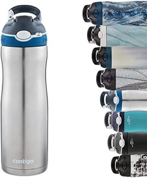 Contigo Ashland Chill Autospout Water Bottle with Flip Straw, Stainless Steel Thermal Drinking Bottle,Leakproof,Grey, BLue, 590 ml