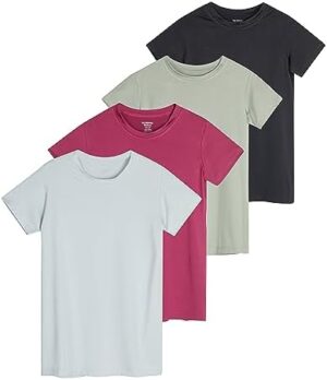 Real Essentials 4 Pack: Girls Short Sleeve Dry-Fit Crew Neck Active Athletic Performance T-Shirt