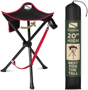 Foldable Tripod Stool - Ultra Portable Seat for Tall People, 20” High - Hunting Chair & Hidden Zippered Pocket - 2 lb Camping Stool, 3 Legged Strong Steel Stool Holds up to 200 lb (Black/Red)