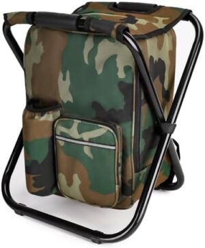 Portable Hiking Camouflage Camping Stool, Folding Camping Chair Stool Backpack with Cooler Insulated Picnic Bag