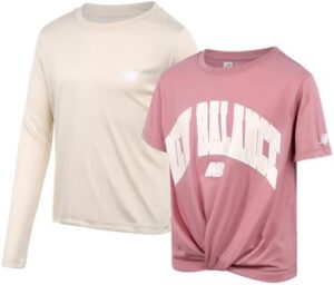 New Balance Girls Active T-Shirt - 2 Pack Performance Short Sleeve and Long Sleeve Tee - Athletic Sports Tee for Girls, 7-16