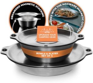 MAGWARE Magnetic Bowls and Plates Set - Stainless Steel Travel Dinnerware for Camping, Backpacking, Picnics, and Outdoor Dining - Portable and Reusable Camping Mess Kit