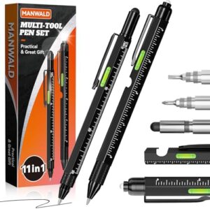 11-in-1 Multitool Pen Set with LED Light, Flathead & Phillips Screwdrivers, Level, Ruler, Bottle Opener, and Stylus, Stocking Stuffers for Men Gifts for Christmas, Gifts for Men, Husband, Dad, Black