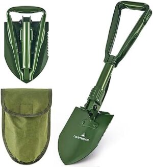 18.1" Military Style Foldable E-Tool, Small Compact Lightweight Survival Shovel, Entrenching Tool for Off Road, Folding Spade Collapsible Shovel for Camping, Hiking, Digging, Gardening, Green