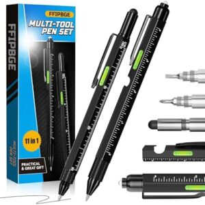 2 Pack Multi-Tool Pen Set, 11 in 1 Multitool Pen with LED Light, Ruler, Level, Screwdriver, Stylus, Flathead, Christmas Stocking Stuffers for Men, Dad, Husband, Gadget Gift for Him, Black