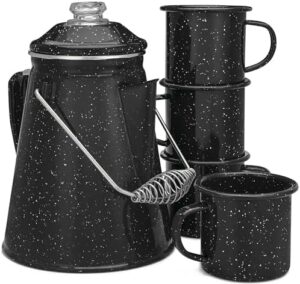 COLETTI Classic Camping Coffee Pot & Enamel Mug Set — Percolator Coffee Pot, Enamel Coffee Mug – Complete Nostalgic Bundle – German Imported Enamel Powder [12 oz, Set of 4] (Black)