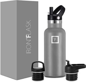 IRON °FLASK Camping & Hiking Hydration Canteens - 3 Lids (Narrow Straw Lid) Leak Proof Vacuum Insulated Stainless Steel - Hot & Cold Double Walled Sports Water Bottle - Graphite, 16 Oz