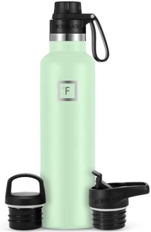 IRON °FLASK Camping & Hiking Hydration Canteens - 3 Lids (Narrow Spout Lid) Leak Proof Vacuum Insulated Stainless Steel - Hot & Cold Double Walled Sports Water Bottle - Mint, 24 Oz