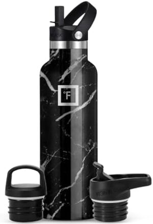 IRON °FLASK Camping & Hiking Hydration Canteens - 3 Lids (Narrow Straw Lid) Leak Proof Vacuum Insulated Stainless Steel - Hot & Cold Double Walled Sports Water Bottle - Black Marquina, 20 Oz