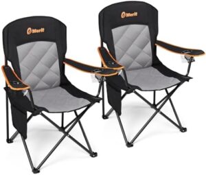 EMERIT 2 Pack Oversized Padded Camping Chair, 350LB Heavy Duty Quad Fold Chair with Arms, Collapsible Outdoor Chairs with Lumbar Back & Cup Holder