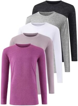 5 Pack: Youth Girls Long Sleeve Shirts Dry Fit Athletic T-Shirts Soft Active Performance Tees Tops for Kids Teens