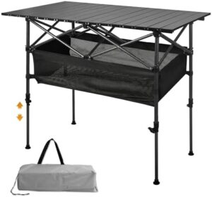 Folding Camping Table, Outdoor Roll-up Table Height Adjustable & Portable 4-6 Person Metal Camp Grill Table for Picnic, BBQ, Party, Backyard, Beach, Mesh Storage and Carry Bag, Loads 220 Lbs