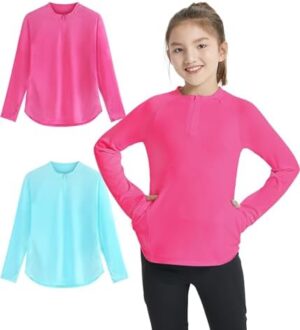 EXARUS Girls Long Sleeve Shirts Athletic Quick Dry Tops UPF 50+ Performance Tees with Pockets Thumb Holes Workout Teens