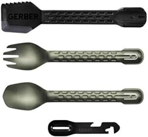 Gerber Gear ComplEAT Camping Utensils Set for Outdoor Cooking, Camping Cutlery with Fork, Spoon, Tongs, Spatula and Multi-Functional Tool, Flat Sage