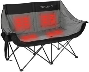 REALEAD Heated Double Camping Chair, 3 Heat Levels and 4 Heating Zones, Portable Heated Loveseat Chair for Outdoor Sports Support 650lbs, Heated Folding Chairs for Outside, Battery NOT Included