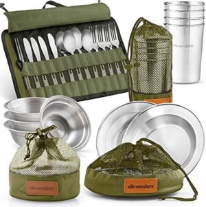 Wealers Unique Complete Messware Kit Polished Stainless Steel Dishes Set| Tableware| Dinnerware| Camping| Buffet| Includes - Cups | Plates| Bowls| Cutlery| Comes in Mesh Bags (4 Person Set)