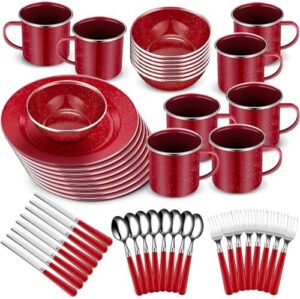 Nuogo Enamel Camping Tableware Includes 12 oz Enamel Coffee Mugs 10.5 Inch Camping Plates 6 Inch Bowls and Camping Utensils Set Includes Knife Fork Spoon for Camping Outdoor RV(48 Pcs,Red)