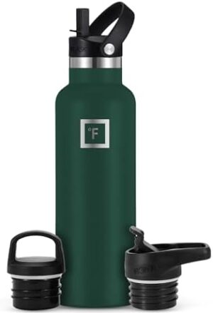 IRON °FLASK Camping & Hiking Hydration Canteens - 3 Lids (Narrow Straw Lid) Leak Proof Vacuum Insulated Stainless Steel - Hot & Cold Double Walled Sports Water Bottle - Dark Pine, 20 Oz