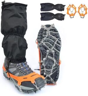 Crampons with Leg Gaiters - Ice Cleats with Adjustable Snow Leg Gaiters - Men's and Women's Traction Snow Grips and Gaiters for Hiking, Mountaineering, and Rock Climbing(XL)