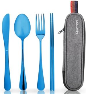 Travel Utensils with Case, Quatish Portable Silverware Set for Work, Stainless Steel Reusable Travel Cutlery Set, Fork and Spoon Set for Camping, Picnic, Gadgets, Lunch Box for Men, Blue