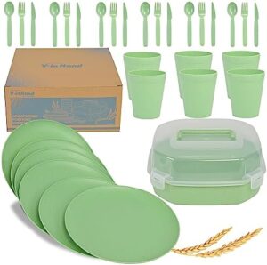 Wheat Straw Dinnerware Sets for 6, 31 Piece Unbreakable Outdoor Cutlery Set. Reusable plates and cups set for camping, picnics, RV trips, and party grills. (Green)