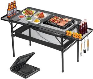 Portable Folding Grill Table with 2 Wing Panels, Camping Picnic Table Two Heights Available, Outdoor Grill Table with Heighten Mesh Desktop, Outdoor Table Picnic, Camping, Beach, BBQ, RV