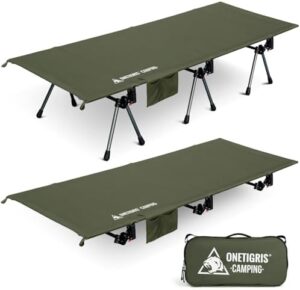 OneTigris SUPRANUBIS Camping Cot, Height Adjustable with Cot Leg Extenders, Strong Support 330lbs, Portable Folding Bed for Camping, Hiking, Travel, Truck, Beach, Office Nap (Ranger Green)