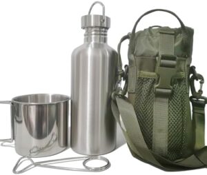 Canteen 42oz - Single Wall Stainless Steel Water Bottle & 24oz Camping Cup & Carrying Bag | Outdoor Survival Canteen Kit | Bushcraft Gear | Wide Mouth Design | Essential Hiking Accessories