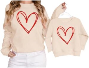 BOUTIKOME Mommy and Me Valentines Outfits Love Heart Graphic Family Matching Sweatshirt Long Sleeve Pullover Shirt Top