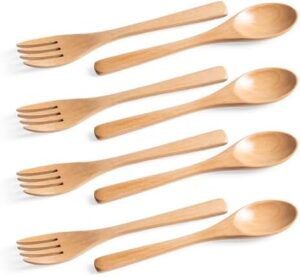 8pcs 6.3inch Schima Wooden Utensil Set Including Wooden Spoons and Wooden Forks, Reusable Handmade Natural Wooden Cutlery, Sustainable Responsible Wood Flatware Set for Stirring Eating＆Camping