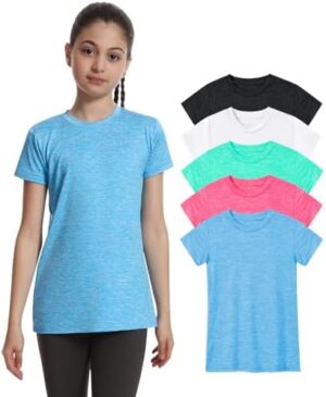 5 Pack Girls Athletic Shirts Short Sleeve Dry Fit Sports T-Shirts Crew Neck Activewear Tees Tops for Kids Teens