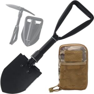 Compact Shovel with Pick and Hoe, Ideal as Camp Shovel or Backpacking Shovel, High Strength E Tool and Foldable Shovel with Multipurpose Tactical Bag(Camo Bag)