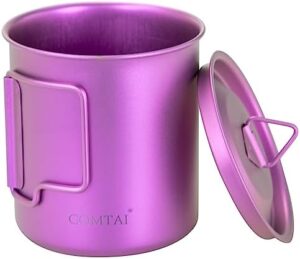 Titanium Pot, 420ml/15 oz Mug with Lid and Foldable Handle, Outdoor Titanium Cup for Hiking Camping Cooking-Purple