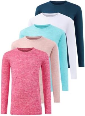 5 Pack: Youth Girls Long Sleeve Shirts Dry Fit Athletic T-Shirts Soft Active Performance Tees Tops for Kids Teens