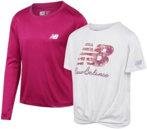 New Balance Girls' Athletic Shirts - 2 Pack Performance Short Sleeve and Long Sleeve Active T-Shirts for Girls (Sizes: 7-16)