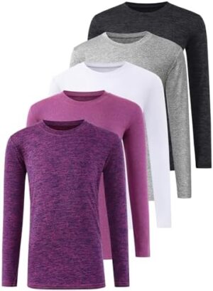 5 Pack: Youth Girls Long Sleeve Shirts Dry Fit Athletic T-Shirts Soft Active Performance Tees Tops for Kids Teens